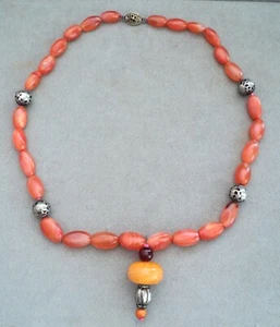 Vtg Orange AGATE w/ Pierced STERLING Silver & LUCITE Bead NECKLACE 25" on Silk - Picture 1 of 6
