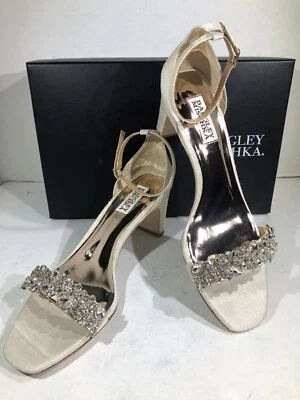 Badgley Mischka Jackie Women’s Sz 8.5 Ivory/Gold Silk Embellished Heels X7-1597 - Image 1 of 4
