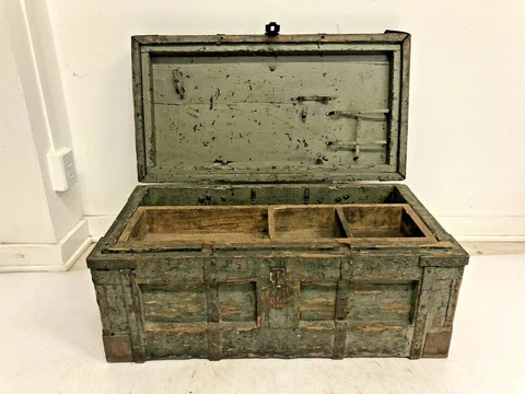 Vintage WOOD CARPENTER CHEST w Tray wooden storage tool box trunk antique decor Cover