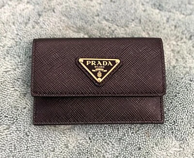 Prada Triangle Logo Saffiano Leather Card Holder in Black with Gold Hardware - Image 1 of 4