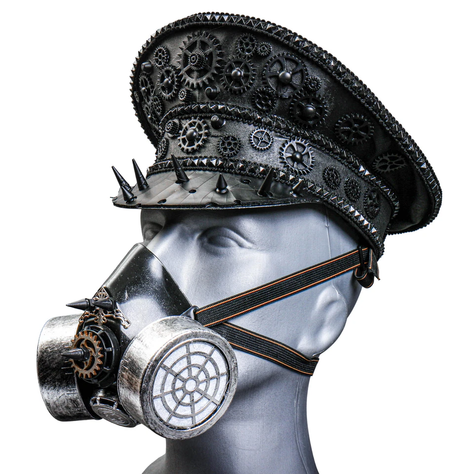 Gorra Capitán Steampunk Negra con Máscara de Gas de Fiesta Plateada Disfraz de Halloween Foto 1 de 4