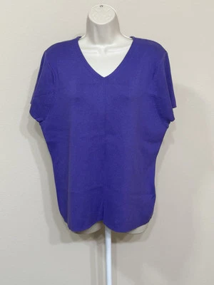 Dressbarn 女式紫色短袖 V 领弹力修身针织毛衣 18/20 — 第 1/4 张图片