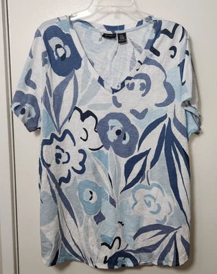 Camiseta túnica Rachel Zoe manga corta cuello en V azul estampado floral 100 % algodón 2XL Foto 1 de 4