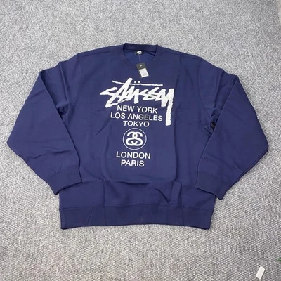 Stussy Sweatshirt Mens XL Navy World Tour Crew Pullover Streetwear Logo Graphic - Image 1 of 4