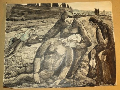 att. Paul FRANCK (1918-1989) DESSIN ENCRE EXPRESSIONNISTE PIETA MACABRE MORT - Photo 1/4