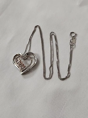 925 Solid Sterling Silver Double Heart Diamond "MOM" Collection Pendant JWBR - Image 1 of 4