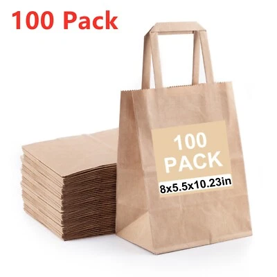 100 Brown Kraft Paper Bags with Handles Retail, Party, Shopping , Favor Bags