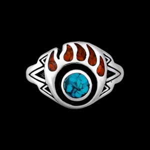 Indianerschmuck Ring Bärentatze Türkis Koralle Bear Paw Westernschmuck USA - Bild 1 von 6