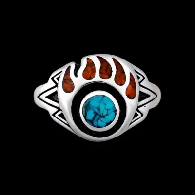 Indianerschmuck Ring Bärentatze Türkis Koralle Bear Paw Westernschmuck USA - Bild 1 von 4