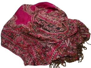 Scarf Shawl Fuschia and Metallic Gold Paisley Fringed  70" x 27" - Picture 1 of 2