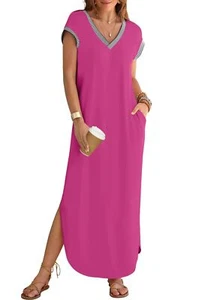 Women's 2024 Summer Short Sleeve Maxi Dress V Neck Split Loose Casual Beach L... - Picture 1 of 9