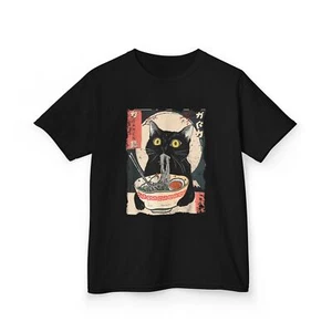 Youth Short Sleeve Tee Kawaii Cat Eating Ramen Noodles Funny Anime Gift Shirt - Picture 1 of 24