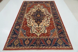 6 x 9 ft Blue Beige Heriz Afghan Hand Knotted Wool Oriental Medallion Rug - Picture 1 of 18