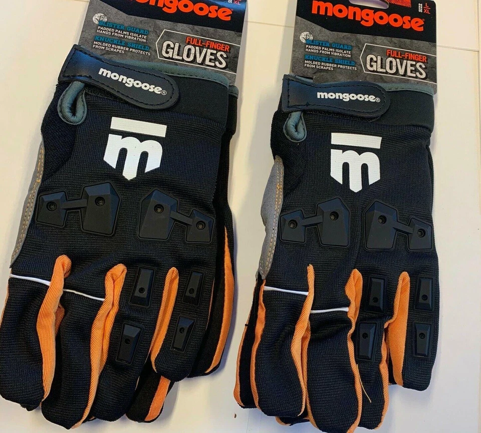 2 Pairs Mongoose L/XL Full Finger Bike Bicycle Padded Gloves BMX Mountain New - Image 1 of 4