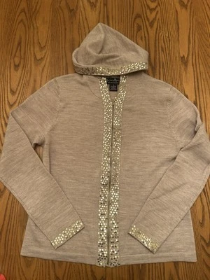 DEFECTOS-Mercer & Madison Italiano Lana Merino Beige Sudadera con Capucha Cárdigan Lentejuelas Pequeño Foto 1 de 4