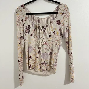 Free People Top Womens Large Beige Floral Long Sleeve Ruched Boho Milkmaid Y2K - Picture 1 of 7