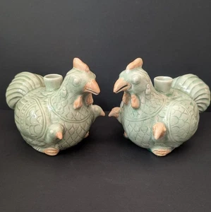 Vtg Celadon Green Chinese Rooster Ceramic Candle Holders Set of 2 Chinoiserie - Picture 1 of 8