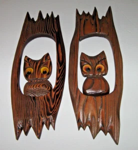 Pair Cryptomeria Wooden Owl Plaques Wall Art MCM Felt Eyes 12"h folk Witco - Picture 1 of 8
