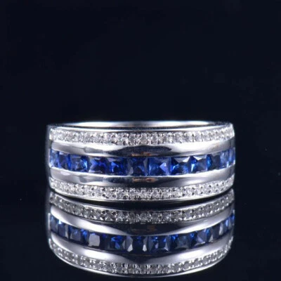 Anillo de compromiso de diamantes naturales zafiro azul para hombre de oro blanco sólido de 14 K Foto 1 de 4