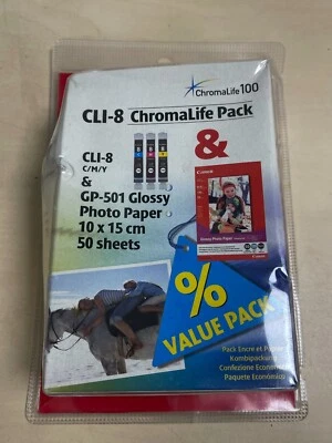 Canon Ink Cli 8 Cyan Magenta Yellow Catridge + 50 Paper Sheets Genuine Brand New - Image 1 of 4