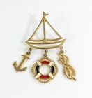 Sail Boat Nautical Dangle Brooch - Vintage gold Toned brooch