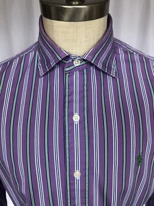 POLO Ralph Lauren Mens Cotton Poplin Shirt Purple/Green Stripe, Medium - Picture 1 of 8