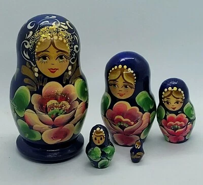 Muñecas de anidación matrioska rusas de madera 5 piezas pintura a mano azul artesanía regalo decoración Foto 1 de 4