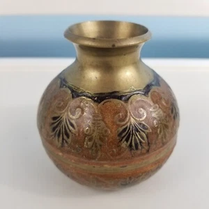 Vaso rotondo 3 1/2" ottone boho stile cloisonne indiano stile - Foto 1 di 4