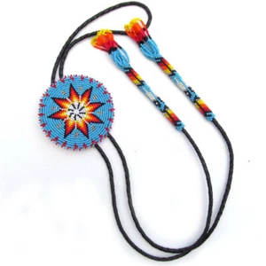 Turquoise Blue Seed Beaded Bolo Tie 3 Inch Handmade Star Beadwork - Picture 1 of 2