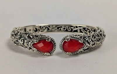 Carolyn Pollack Designer Signature Sterling Red Coral Gemstone Cuff Bracelet - Image 1 of 4