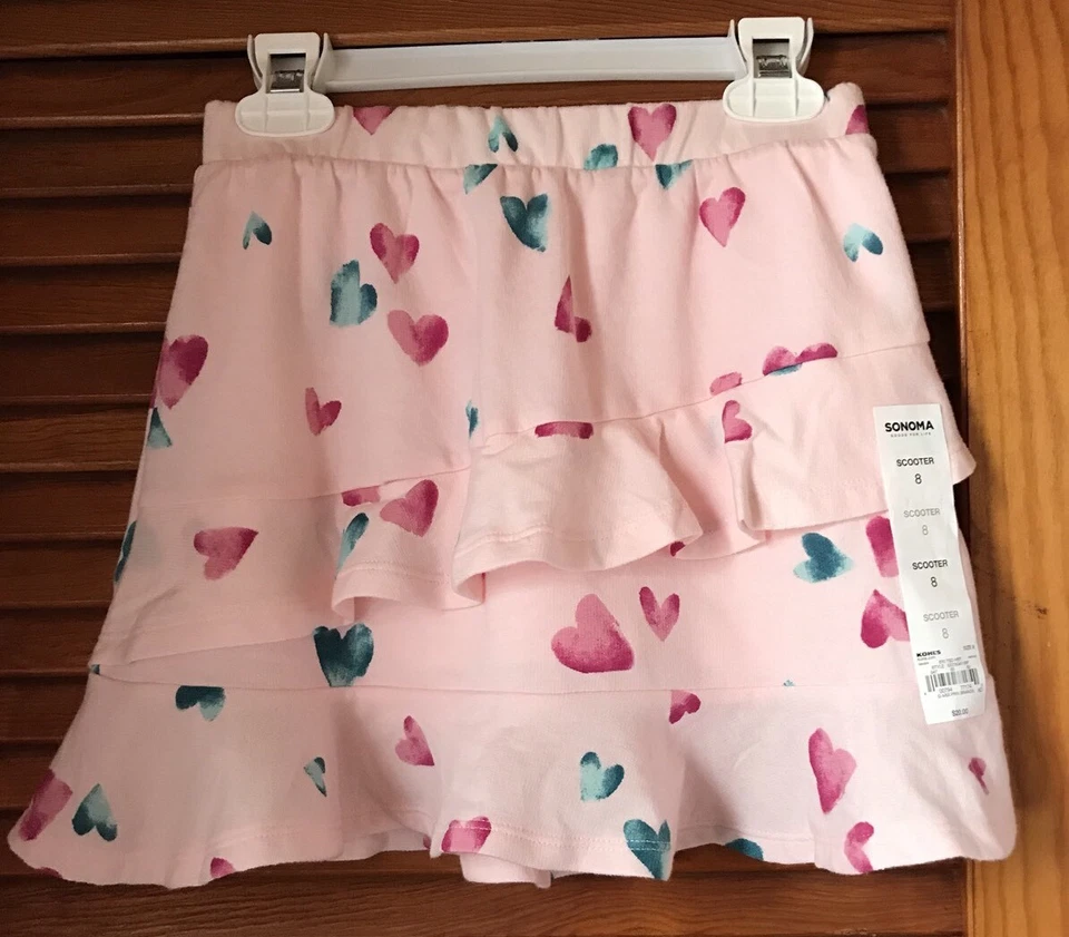 Nwt! Girls Scotter Skirt Tiered Built In Shorts Pink W/ Hearts Sonoma - Image 1 of 4