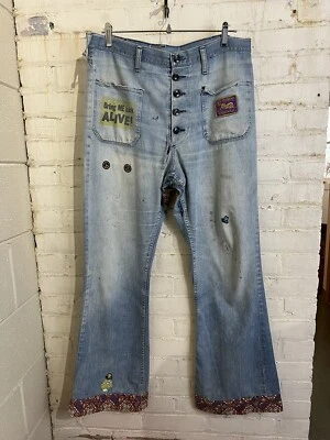 Vintage 70s bell bottoms wrangler 36x31 hippie woodstock thrashed patches repair - Image 1 of 4