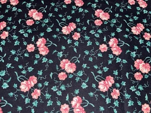 1/2 Yd Vintage Green Vines w/ Pink Mums Floral on Black Cotton Fabric Traditions - Picture 1 of 7