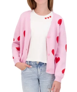 NEW DKNY Girl's 2 Piece Button Up Cardigan Set Pink Hearts Size Large 14/16 - Picture 1 of 1