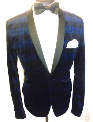 VELVET VELOUR CHECK SMOKING ROBE TUXEDO Jacket BLAZER DINNER Suit 36 Gown Coat - Image 1 of 4
