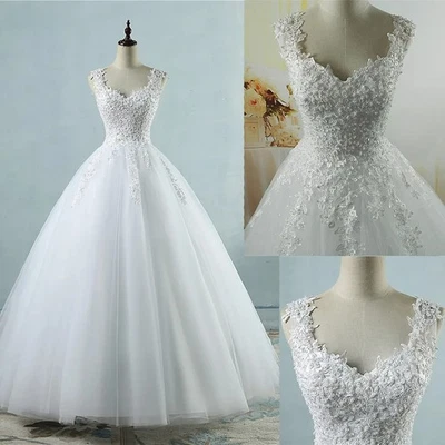 White Ivory A Line Wedding Dresses Ball Gown Tulle Pearls Bridal Gown Size 2-22W - Image 1 of 4