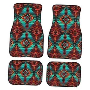 Native American Tribal Car Floor Mats 4 Pcs Southwest Pattern Aztec Teal Red - Picture 1 of 8