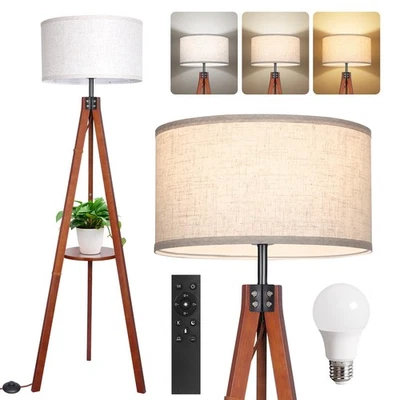 Dimmable Wood Tripod Floor Lamp with Shelves, Remote Control, Mid Century Mod... - Image 1 of 4