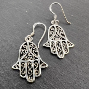 Ohrringe Ohrhänger Silber 925 Fatima Hand Hamsa 30 mm x 16 mm Sterlingsilber - Bild 1 von 2