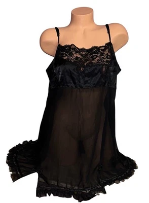 复古黑色闪亮缎面丝质透明蕾丝蝴蝶结睡衣女式 3X — 第 1/4 张图片