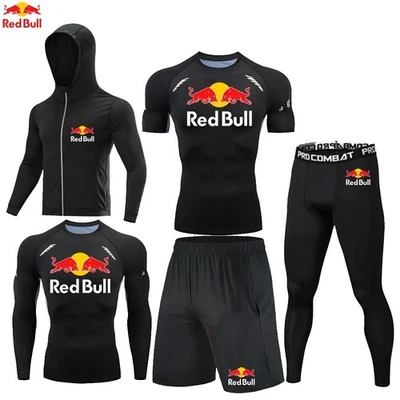 Red Bull Fashion 5 Pieces Men's Running Sports Clothing Set Fitness Jogging Comp - Image 1 of 4