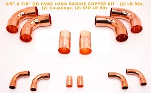 3/8" & 7/8" OD HVAC Long Radius Copper Kit: (2) Coupling, (2) 90s, (2) Street 90 - Picture 1 of 7