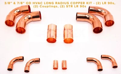 FLOTREK 3/8" & 7/8" OD HVAC Long Radius Copper Kit: (2) Coupling, (2) 90s, (2) Street 90
