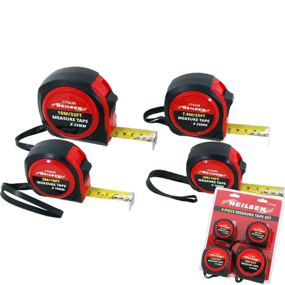 Neilsen 4pc Multi Tape Measure Imperial Metric Scale Easy Lock 3m to 10m Set - Image 1 of 3