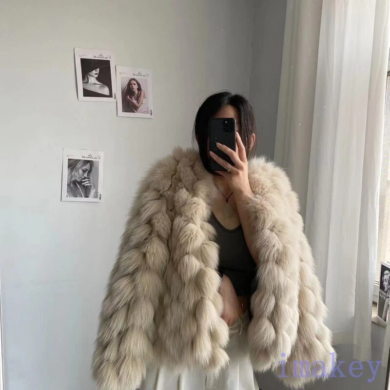 Real Fashion Fox Fur Furry Womens V Neck Winter Warm Short Coat Outwear One Size - Imagem 1 de 4