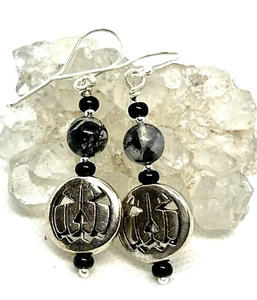 925 Sterling Silver Rutilated Tourmaline Quartz Fall Holiday Pumpkin Earrings - Picture 1 of 4