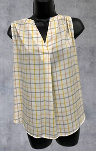 LOFT Outlet White Yellow Blue Pink Plaid Mixed Media Sleeveless Top Shirt Large - Picture 1 of 7