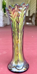 Northwood Amethyst 9 3/4" Leaf Columns Purple Swung Vase Signed N Carnival Glass - Picture 1 of 22