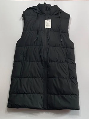 Zara Women's Black Long Puffer Vest Hooded Full Zip Size M - Image 1 of 4