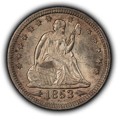1853 25c Seated Liberty Quarter - Violet Toning -Arrows Rays- BU - VIDEO - B5363 - Image 1 of 4